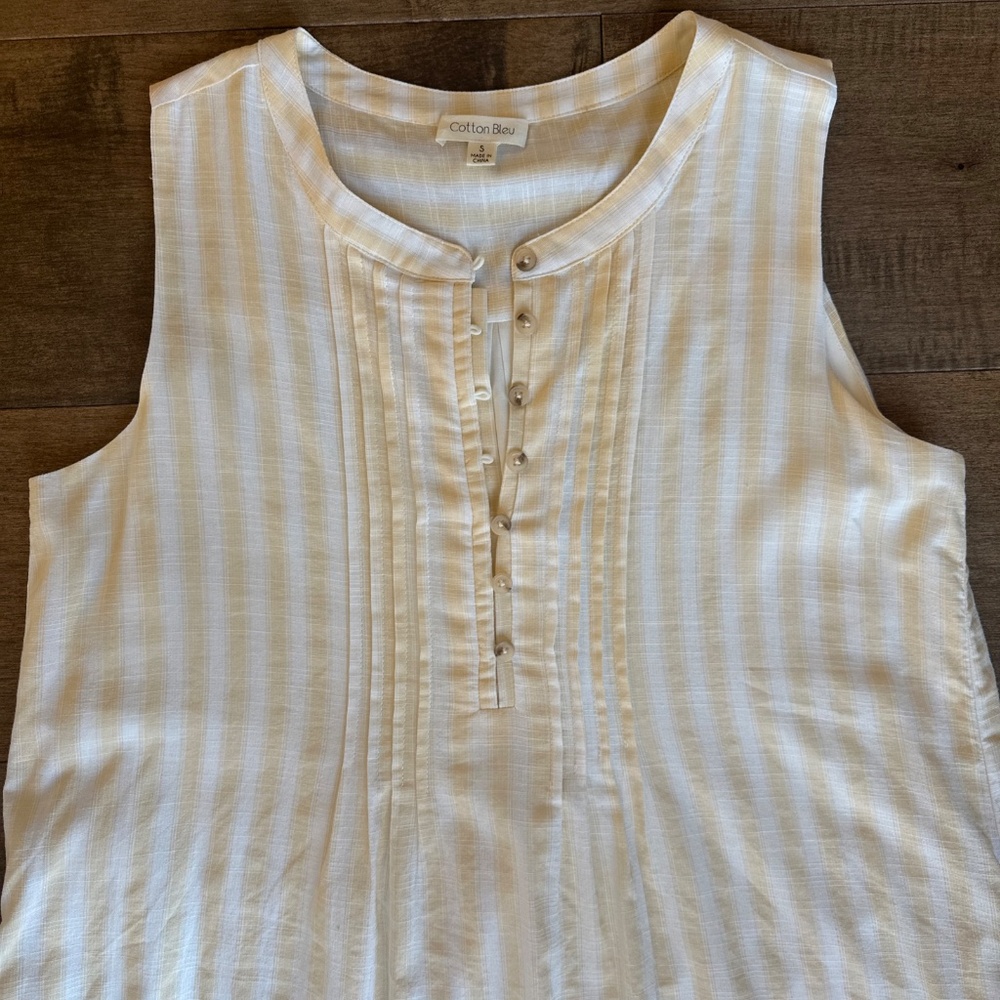 Cotton Bleu Sleeveless Yellow and White Stripes Lined Button Dress Women's Sz S